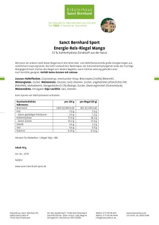 Sanct Bernhard Sport Energie Reis-Riegel Mango 11er-Pack 550 g